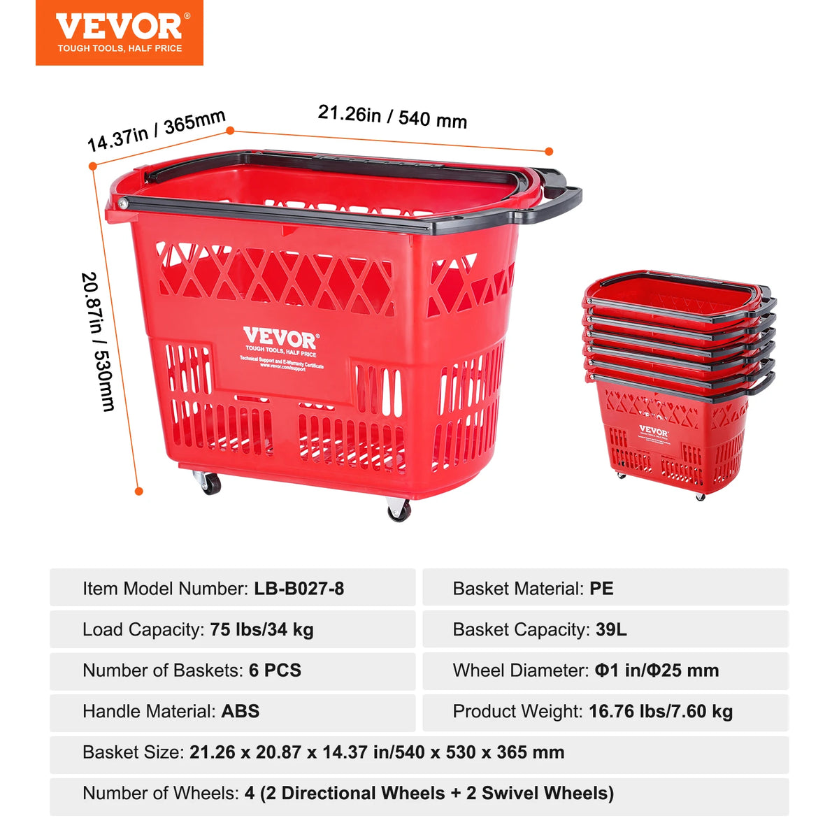 SucceBuy 6PCS Shopping Baskets 39L Rolling Shopping Carts with Handles & Wheels Portable for Supermarkets Retail Stores Grocery