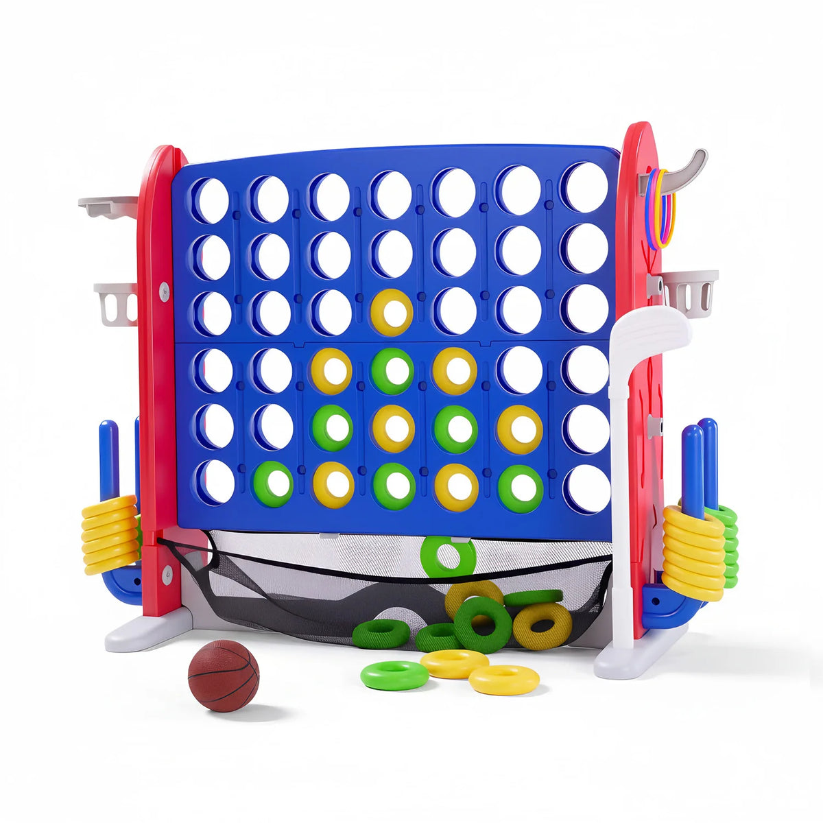 4-in-1 Giant Connect Game Set Adjustable Height, Basketball Hoop, Ring Toss and Net Jumbo Outdoor Yard Game for Families Events