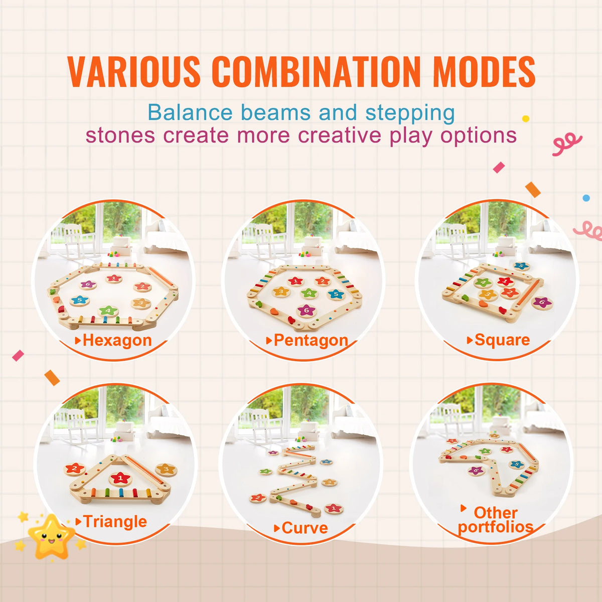 SucceBuy 6 PCS Balance Beam Stepping Stones Indoor Outdoor Wooden Toddler Balance Boards for Kids 2-6 Children Montessori Toy