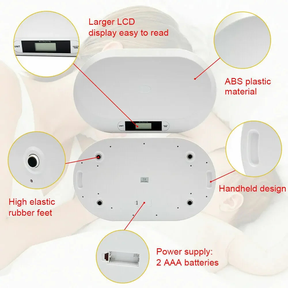 Digital Baby Scale with 20kg Capacity Kitchen Scales Pet Scale Tare Function Accurate Measurement for Infant & Pet Weighing