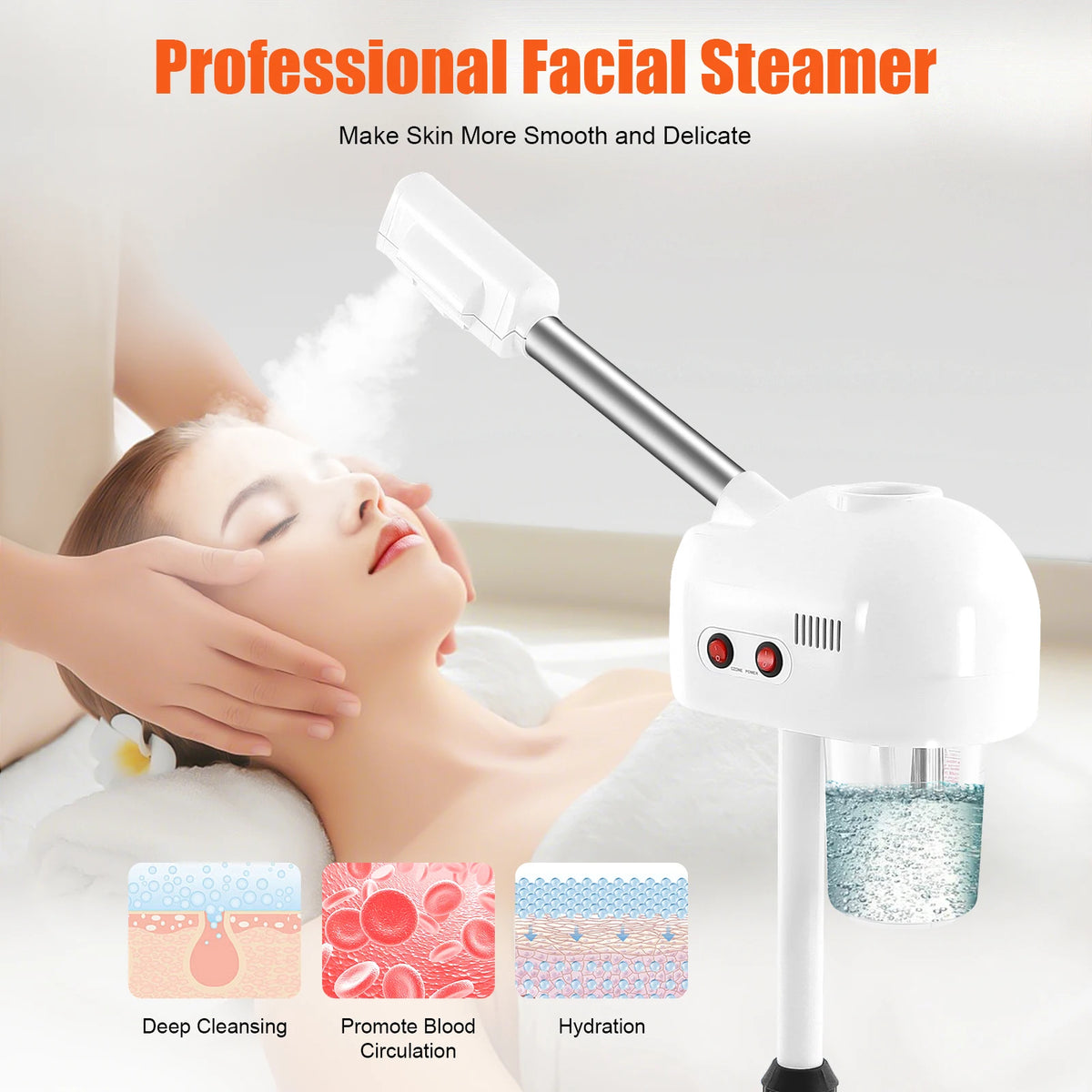 Ozone Facial Steamer Skin Care Equipment Height Adjustable 750ML Steamer Body＆Nozzle 360° Rotatable for Beauty Salons Spas