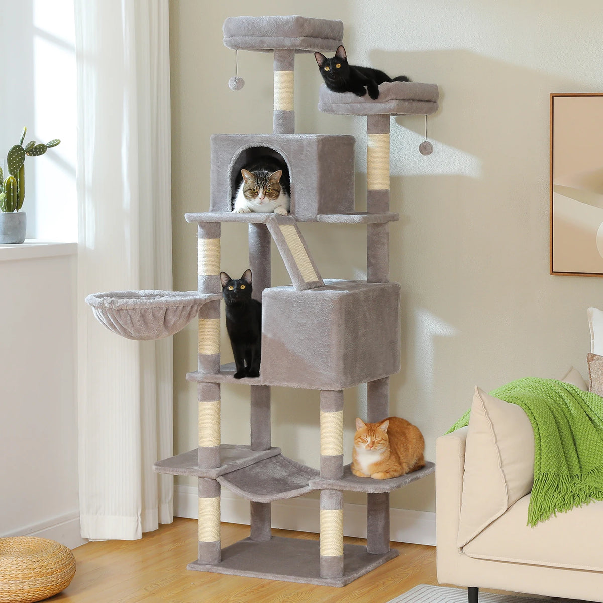 Tall Cat Tree with Scratching Posts Cozy Hammock Top Perch Multi-Level Large Cat Tower Spacious Cat Condo for Indoor Cat Toys