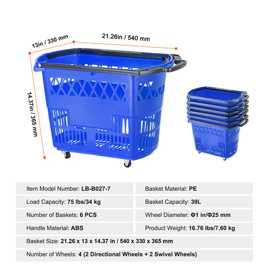 SucceBuy 6PCS Shopping Baskets 39L Rolling Shopping Carts with Handles & Wheels Portable  for Supermarkets Retail Stores Grocery