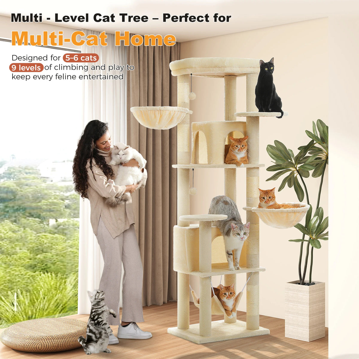 Tall Cat Tree with Scratching Posts Cozy Hammock Top Perch Multi-Level Large Cat Tower Spacious Cat Condo for Indoor Cat Toys