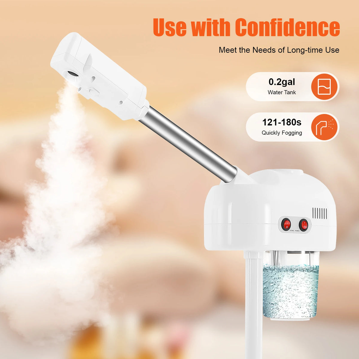 Ozone Facial Steamer Skin Care Equipment Height Adjustable 750ML Steamer Body＆Nozzle 360° Rotatable for Beauty Salons Spas
