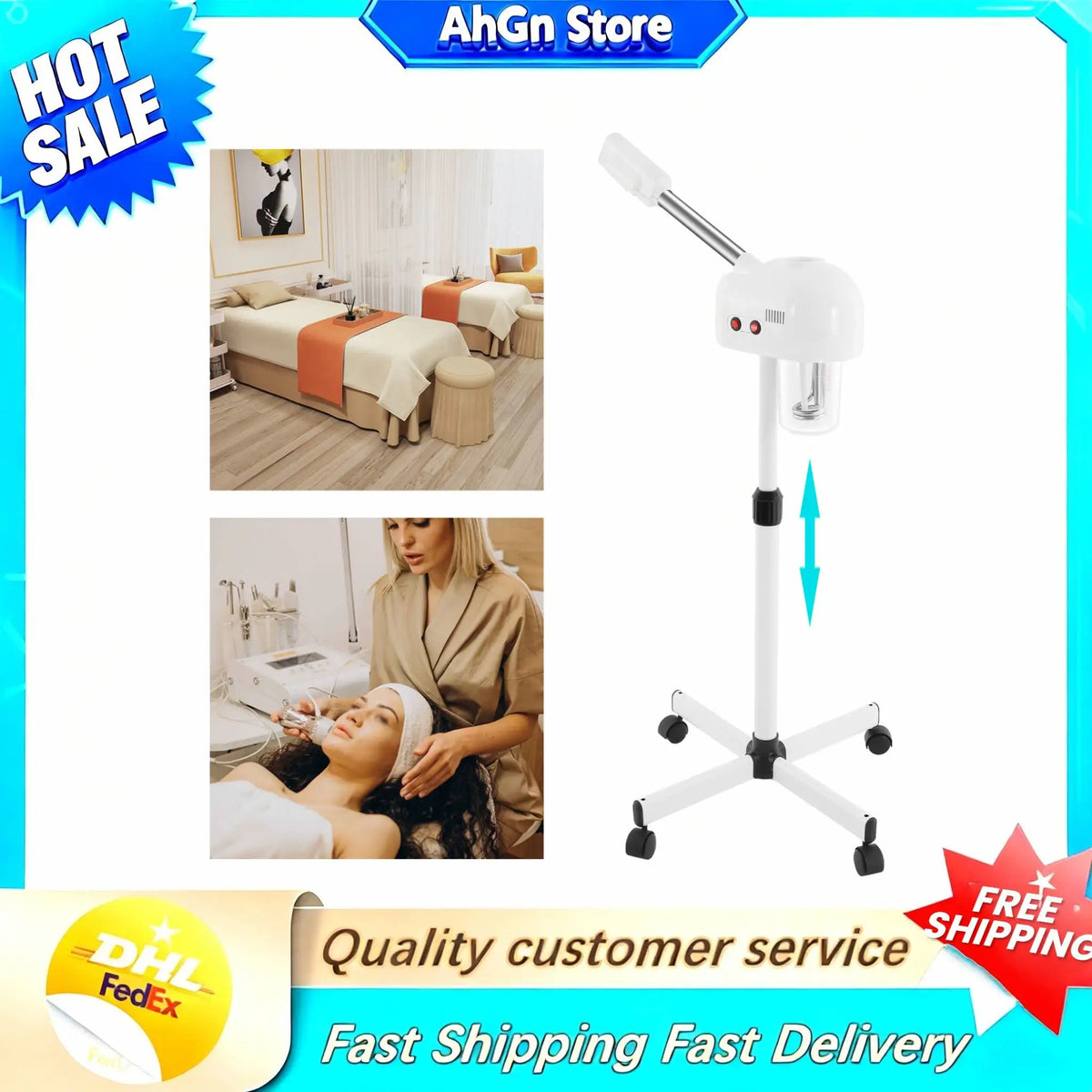 Ozone Facial Steamer Skin Care Equipment Height Adjustable 750ML Steamer Body＆Nozzle 360° Rotatable for Beauty Salons Spas
