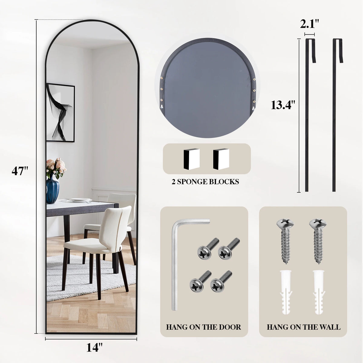 JHK 47"x14" Full Body Wall Mirror Standing Hanging or Leaning Wall-Mounted Mirrors with Stand Aluminum Alloy Frame Living Room