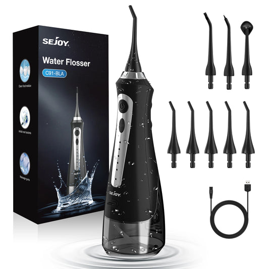 Sejoy Portable Electric Water Flosser Oral Irrigator Dental Teeth Whitening strips 230ML Tank 5 Modes 5 Jet Tips For Home Travel
