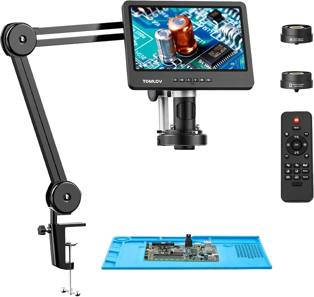 TOMLOV Digital Soldering Microscope 2000X 10.1" DM602 Flex HD Microscopes 3 Lens Coin Microscopio Ring Light For Repairing