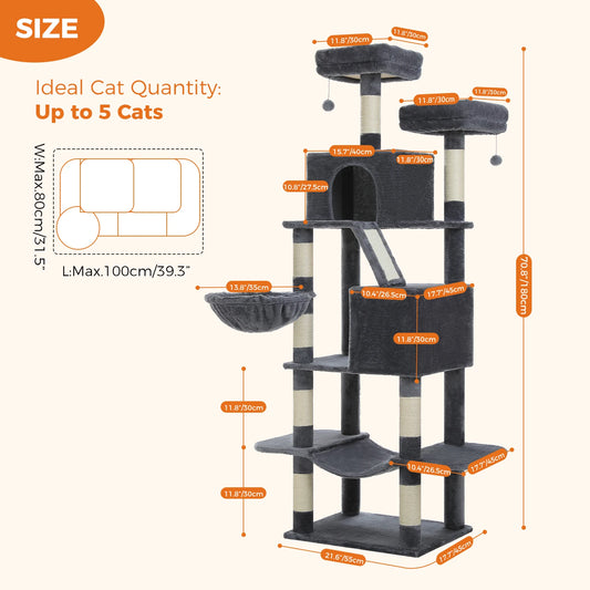 Tall Cat Tree with Scratching Posts Cozy Hammock Top Perch Multi-Level Large Cat Tower Spacious Cat Condo for Indoor Cat Toys