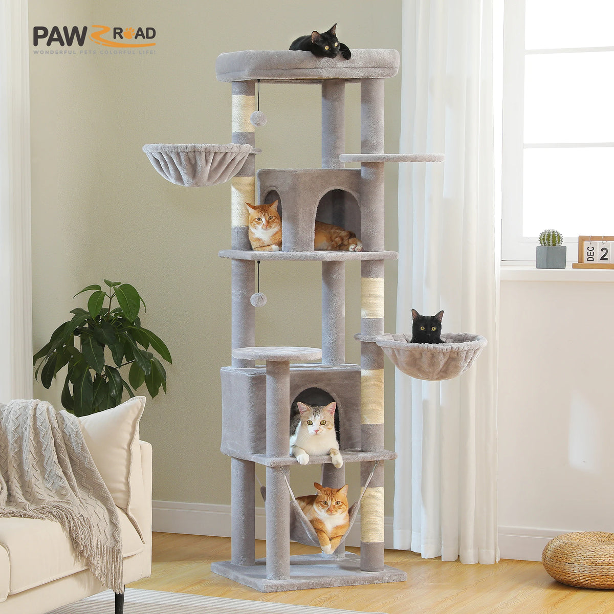 Tall Cat Tree with Scratching Posts Cozy Hammock Top Perch Multi-Level Large Cat Tower Spacious Cat Condo for Indoor Cat Toys