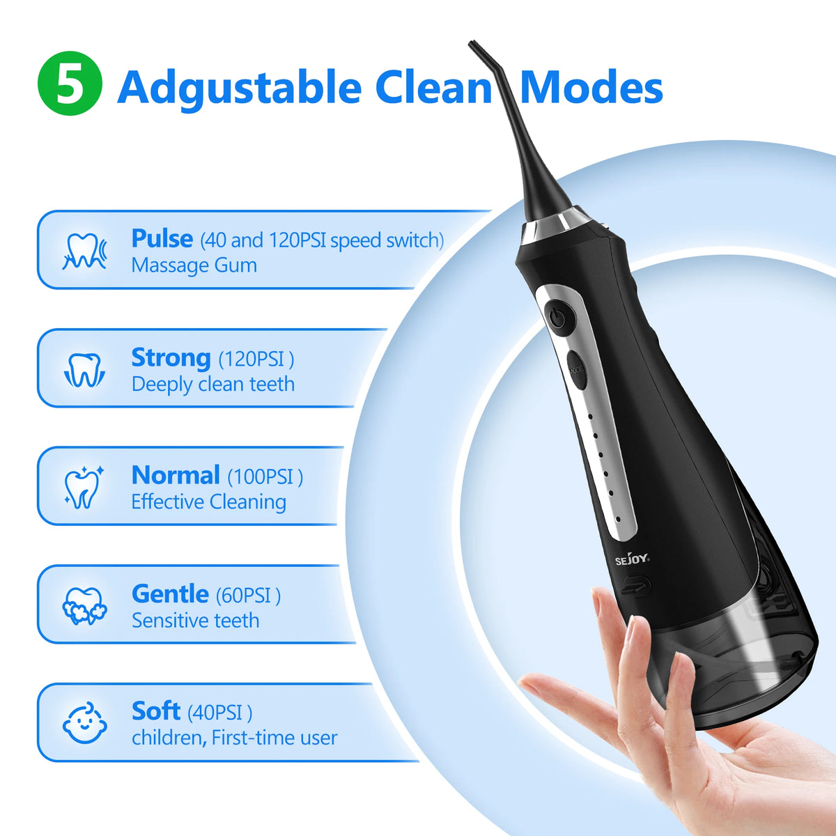 Sejoy Portable Electric Water Flosser Oral Irrigator Dental Teeth Whitening strips 230ML Tank 5 Modes 5 Jet Tips For Home Travel