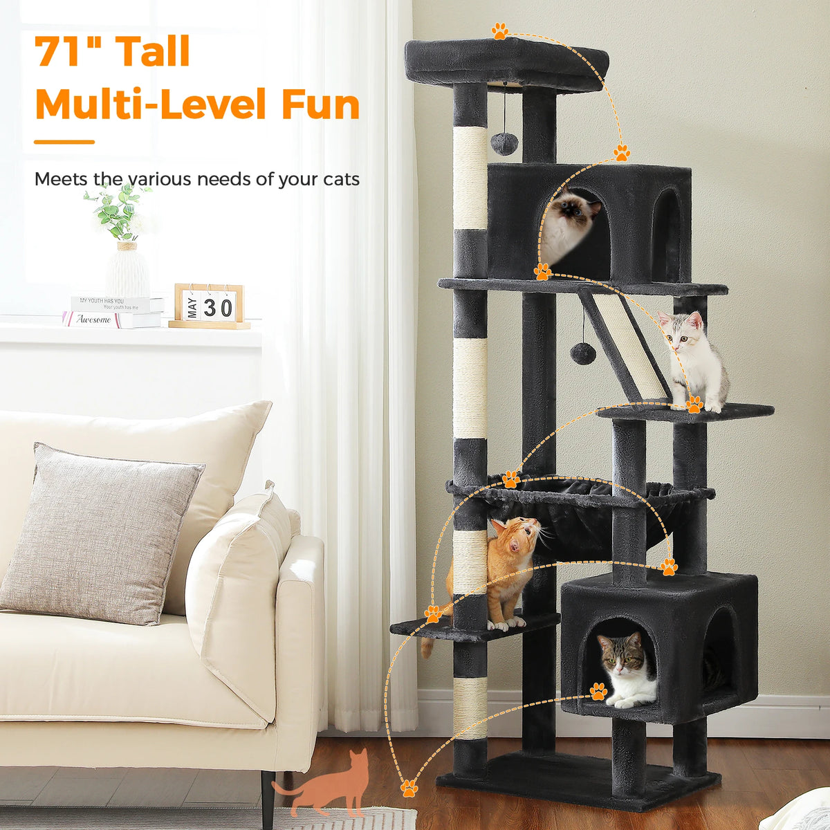 Tall Cat Tree with Scratching Posts Cozy Hammock Top Perch Multi-Level Large Cat Tower Spacious Cat Condo for Indoor Cat Toys