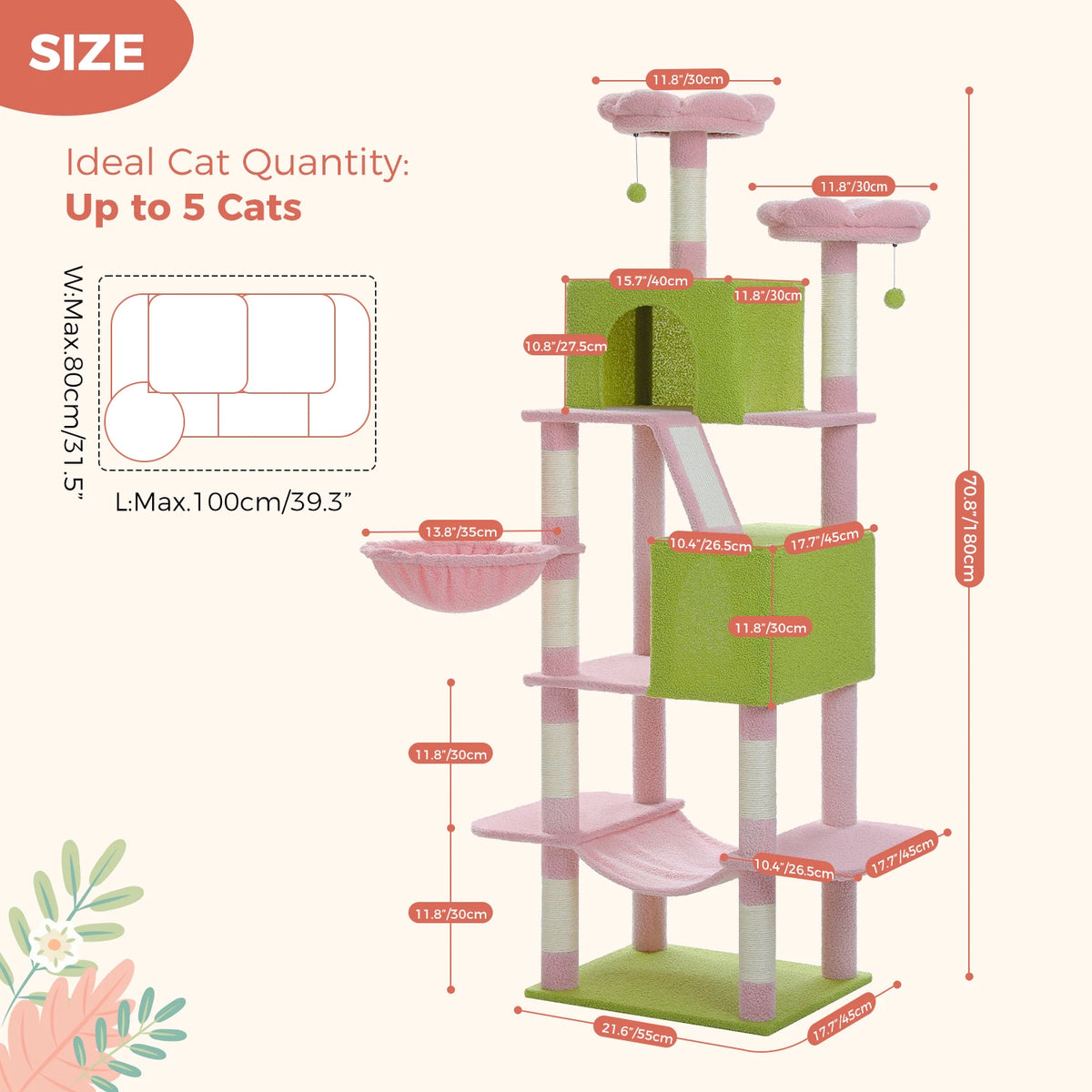 Tall Cat Tree with Scratching Posts Cozy Hammock Top Perch Multi-Level Large Cat Tower Spacious Cat Condo for Indoor Cat Toys