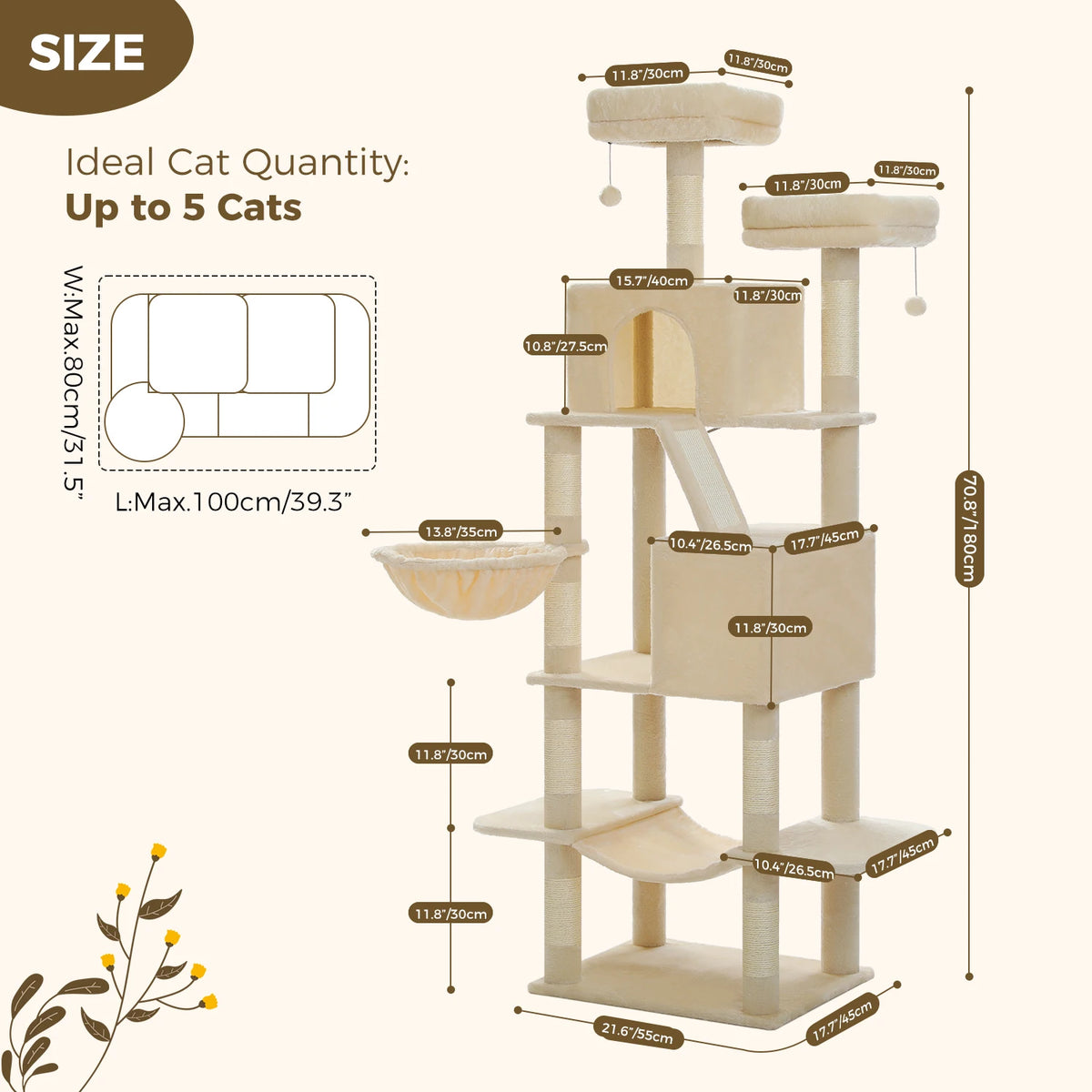 Tall Cat Tree with Scratching Posts Cozy Hammock Top Perch Multi-Level Large Cat Tower Spacious Cat Condo for Indoor Cat Toys