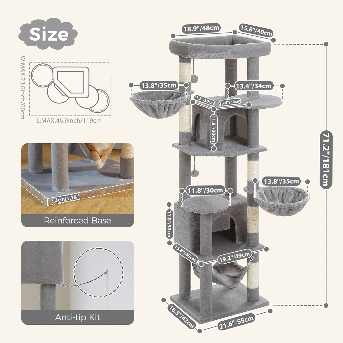 Tall Cat Tree with Scratching Posts Cozy Hammock Top Perch Multi-Level Large Cat Tower Spacious Cat Condo for Indoor Cat Toys
