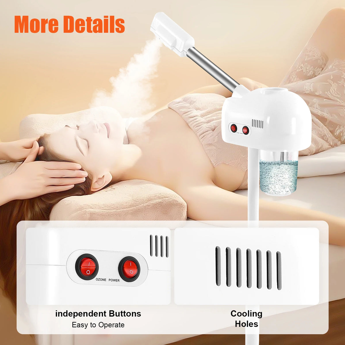 Ozone Facial Steamer Skin Care Equipment Height Adjustable 750ML Steamer Body＆Nozzle 360° Rotatable for Beauty Salons Spas
