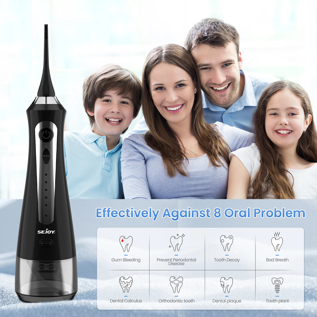 Sejoy Portable Electric Water Flosser Oral Irrigator Dental Teeth Whitening strips 230ML Tank 5 Modes 5 Jet Tips For Home Travel
