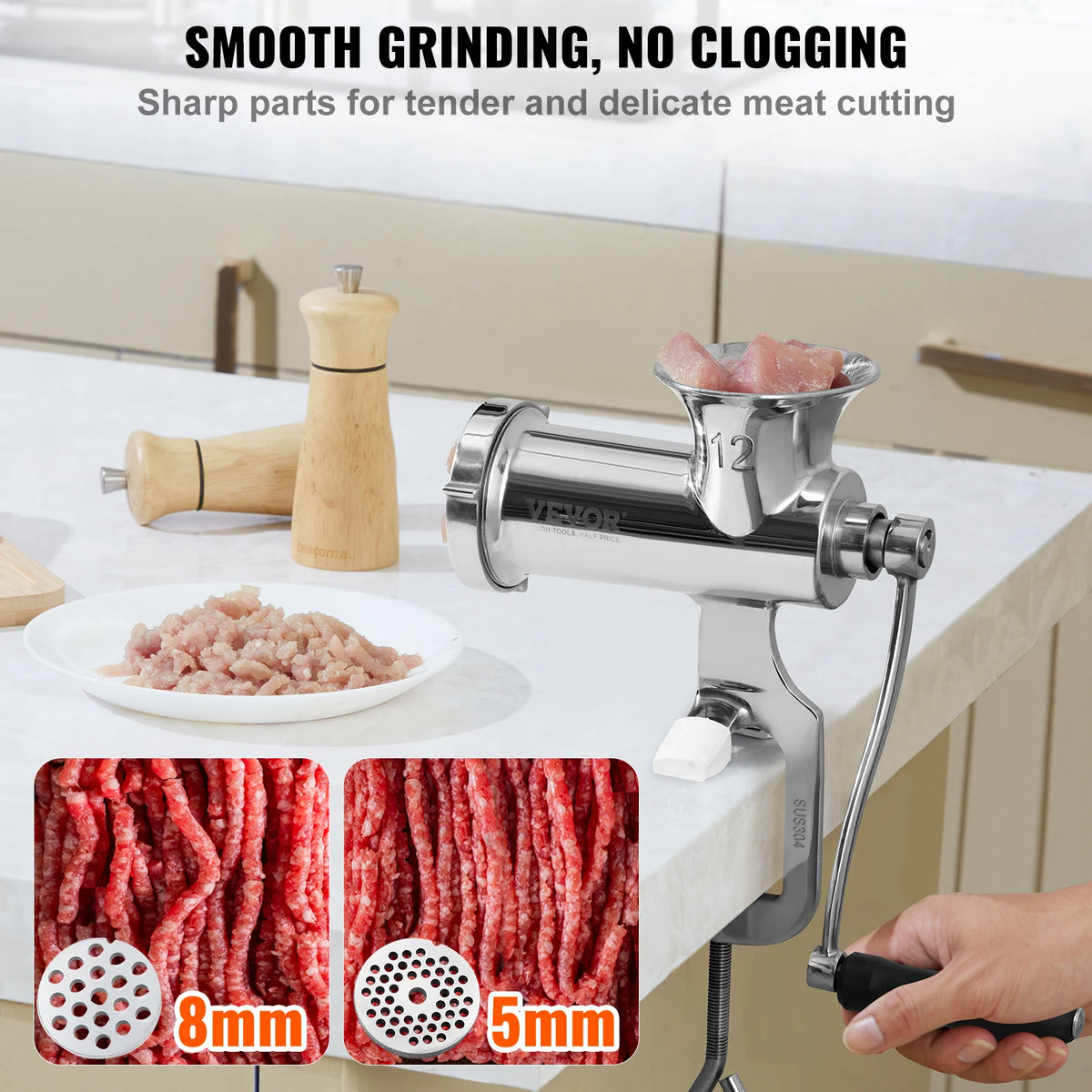SucceBuy Manual Meat Grinder 304 Stainless Steel Hand Meat Grinder with Steel Table Clamp Meat Mincer Sausage Maker